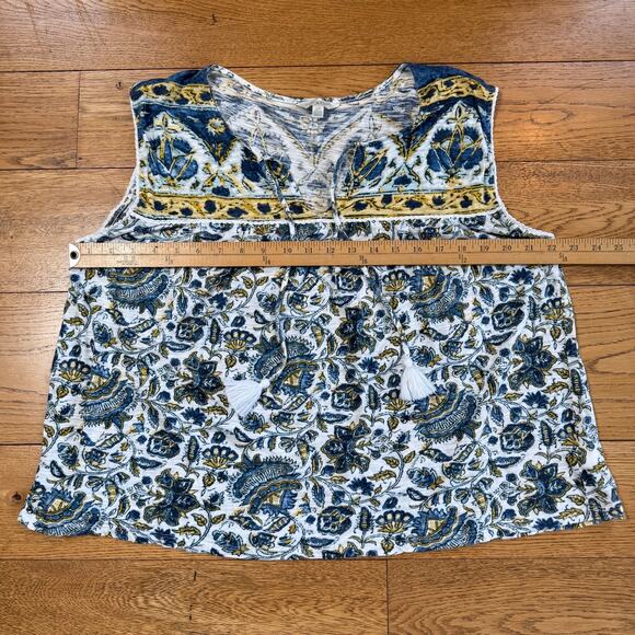 Lucky Brand Sleeveless Tank SZ L Blue Tassel V Neck Boho Bohemian Hippie Cotton - Picture 5 of 6